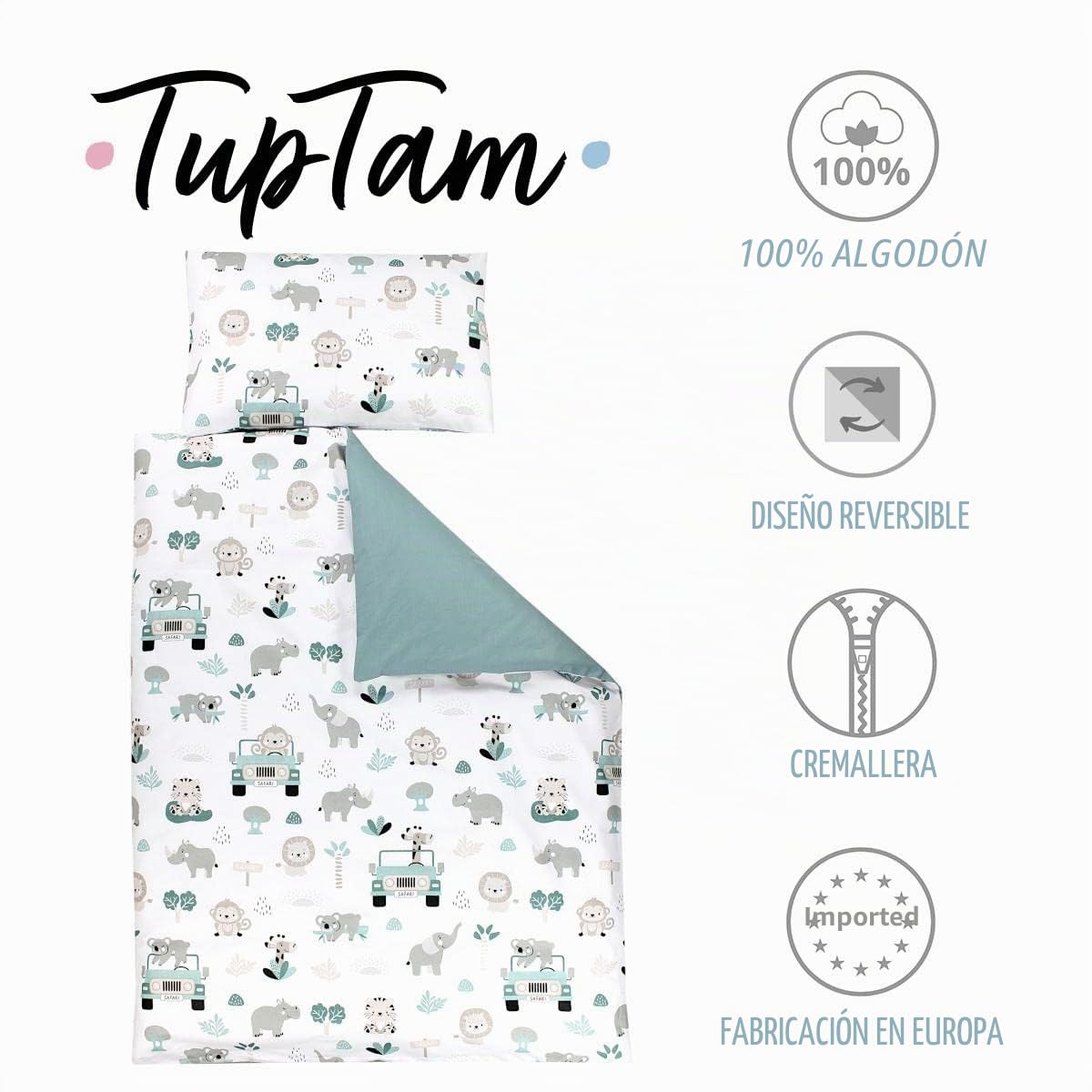 TupTam Juego de Ropa de Cama para Niños, de 2 Piezas., Zoo Verde, 135x100 cm