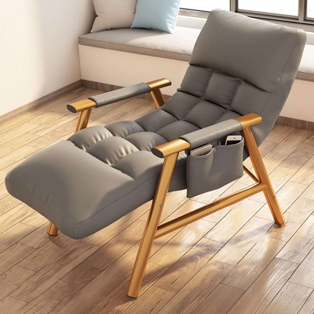 Nowoczesne rozkładane krzesło do czytania z miękką poduszką regulowana kieszeń podłokietnika do przechowywania przytulna sofa do salonu ciemnoszare nogi - idealne do relaksu w sypialni