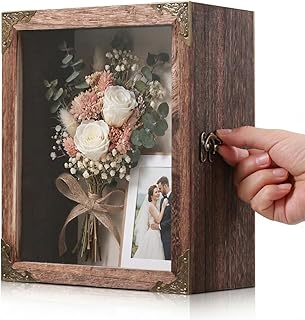 Deep Shadow Box Frame 8x10 with 4.7" Depth, Rustic Carbonized Wood Display Case, Deep Wood Memory Box with Vintage Lock, 4 Metal Corner Protectors, Display Case for Collectibles, Wedding Keepsakes