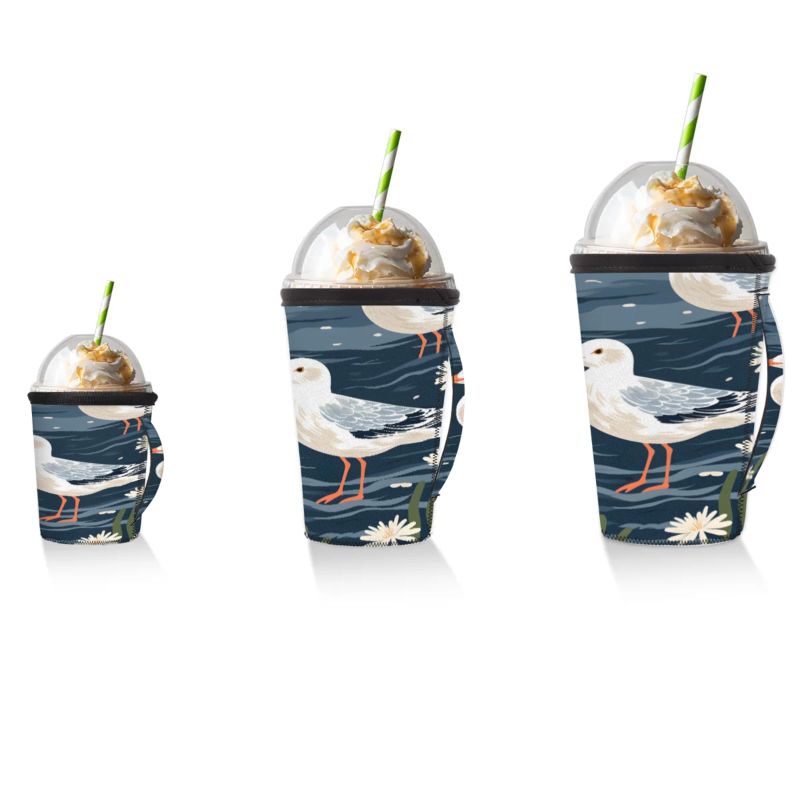 Watercolor Seagull Flower Reusable Neoprene Coffee Sleeve with Handle Insulated Iced Coffee Cup Holder Reduces Condensation Fits 24-28 oz Cups M