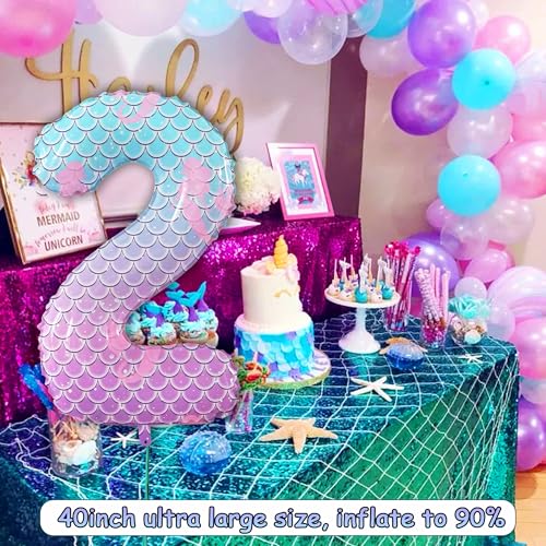 2nd Birthday Decoration Mermaid Themed, Purple Blue number 2 Balloon, Suitable For Children'S Birthday Mermaid Party Decoration Baby Shower Supplies (Purple, 2) by JUANBUDONG - Used condition - Image 6