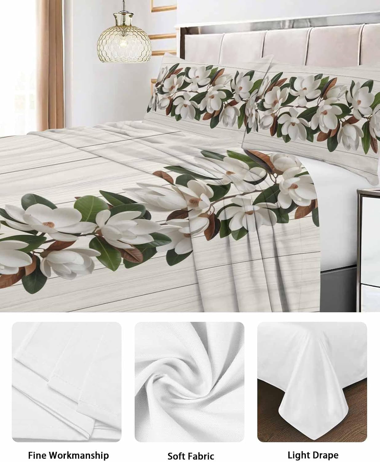 King Flat Sheet Top Sheet Only, Magnolia Plant Flower Soft Microfiber Breathable Bed Sheets, Farm Vintage Wood Grain Hotel Luxury Bedding Flat Sheets