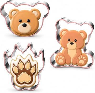 LUBTOSMN Bear Cookie Cutter Set - 3 Piece Bear Head, Paw & Diswasher Safe Shapes for Baby Shower & Birthday Baking