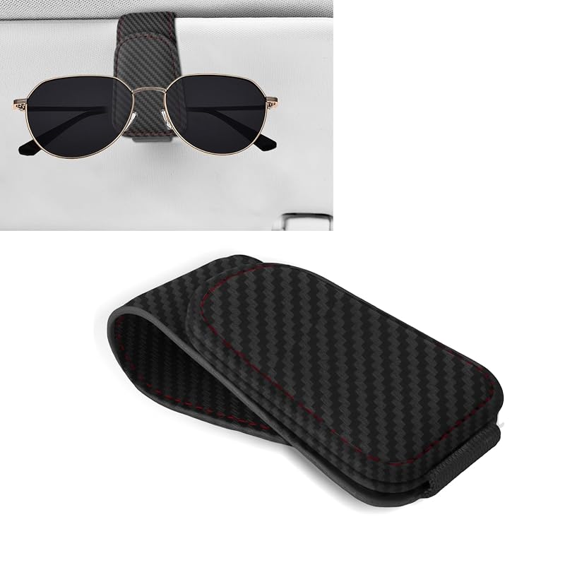 Suporte Magnético para Óculos de Sol para Carro Lxsloet com Clipe para Cartão, Couro de Microfibra, Textura de Fibra de Carbono Carbon Fiber-Long