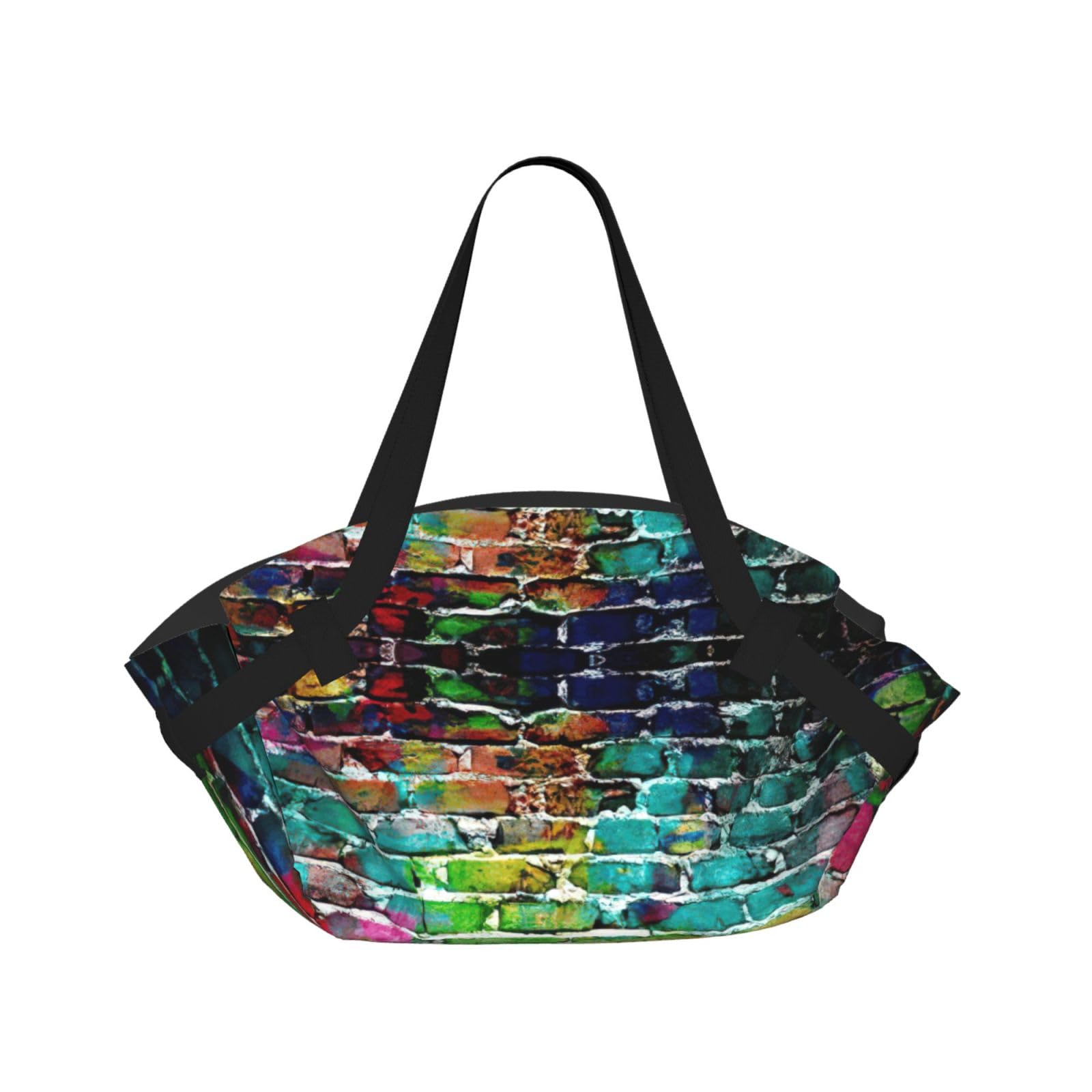 KAPPTYY Graffiti Colorful Brick Printed Outdoor Picnic Mat and Handbag, Portable Round 37in Foldable for Park Lawn Family Day