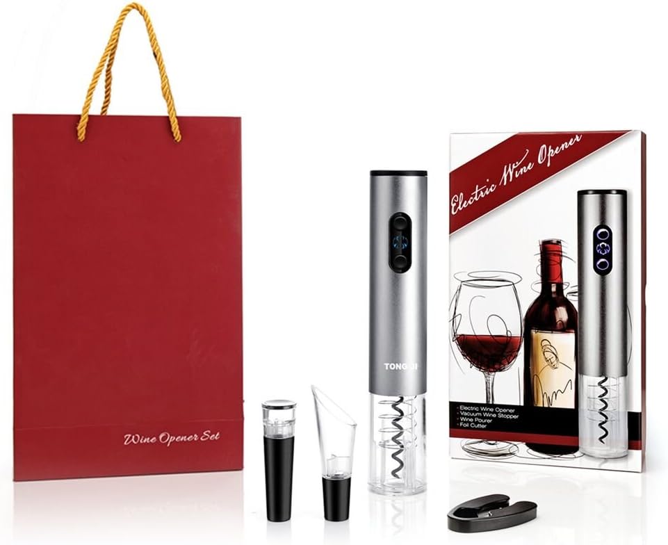 TONGJI Electric Automatic Wine Opener Gift Set, Stainless Steel Bottle Opener, Foil Cutter, Vacuum stopper, Aerator Pourer