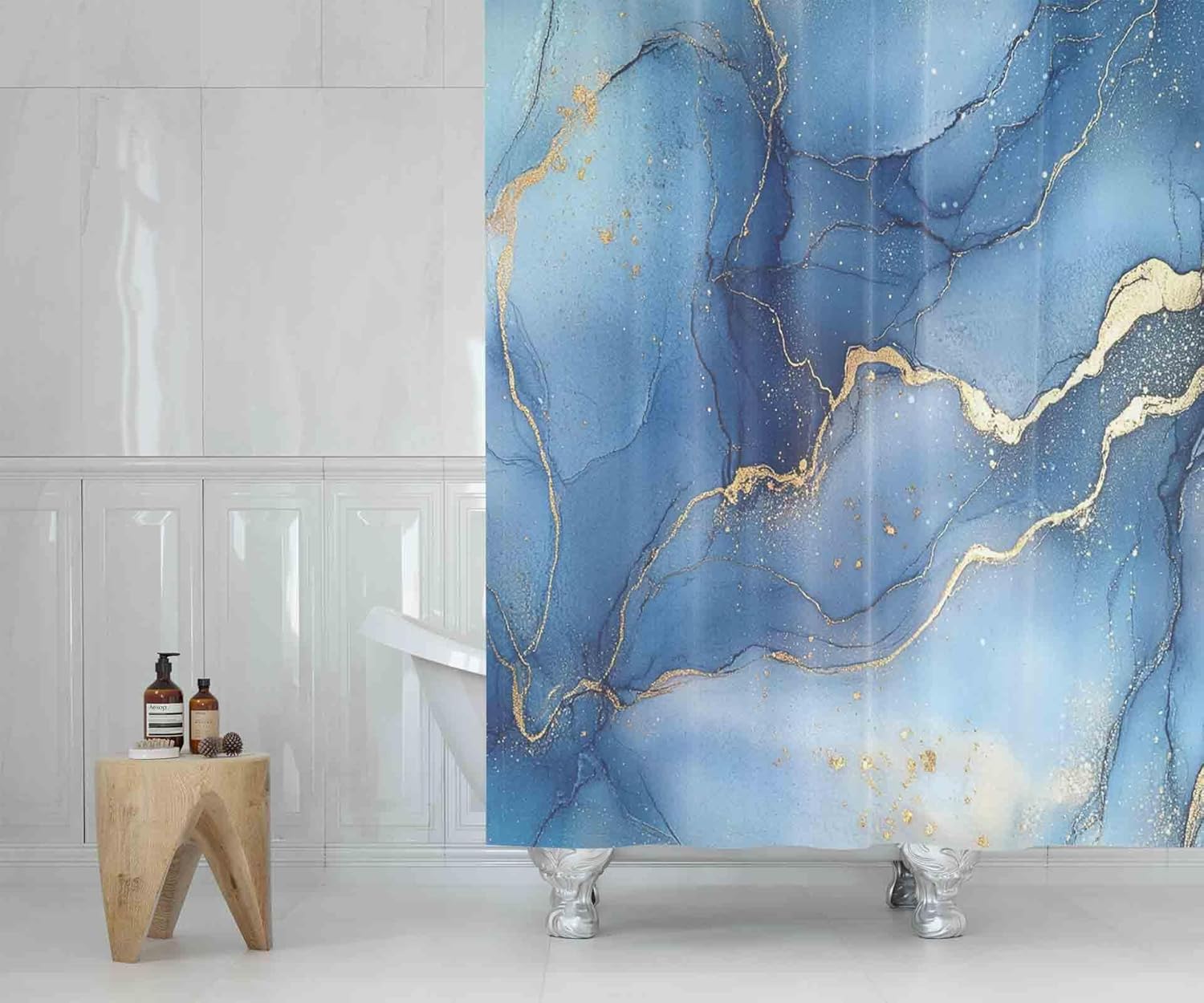 EMMTEEY 4Pcs Bathroom Sets with Rugs and Accessories,Blue Shower Curtain Sets with Non-Slip Rugs Toilet Lid Cover and Bath Mat,Waterproof Shower Curtains with 12 Hooks