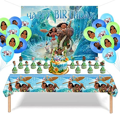 Moana Party Supplies, Hawaii Moana Birthday Party Supplies Featuring Moana and Maui,With Backdrop,Balloons,Tablecloth, Cupcake Toppers and Cake Topper