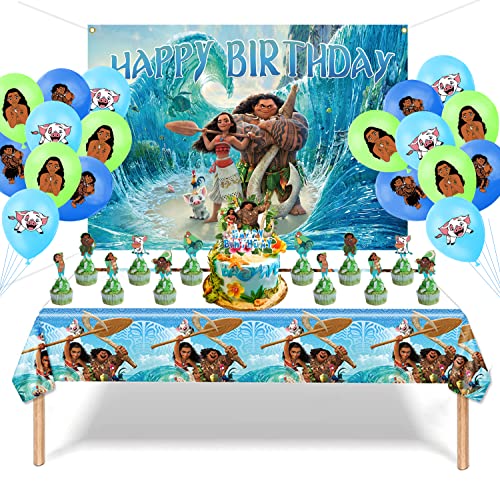 Moana Party Supplies, Hawaii Moana Birthday Party Supplies Featuring Moana And Maui,With Backdrop,Balloons,Tablecloth, Cupcake Toppers And Cake Topper #TOP3