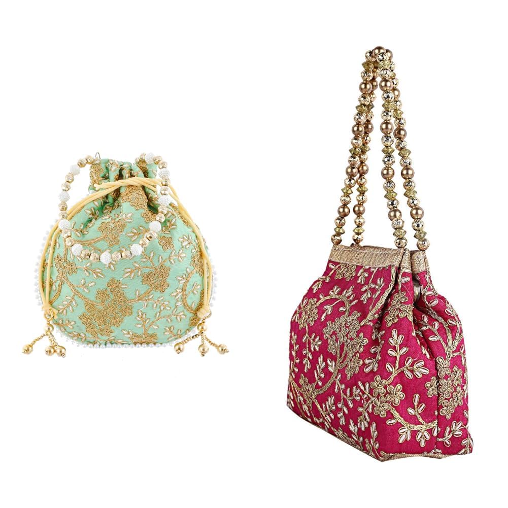 kuber industries Embroidery Drawstring Potli|Hand Purse With Gold Pearl Border & Handle For + Women's Polyester Embroidered Woman Potli Bag, Pink - CTKTC31391-picture-25
