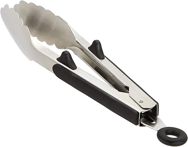 Amazon Basics Stainless Steel Kitchen Tongs, Black Non-Slip Grip, 22.86 Centimeters