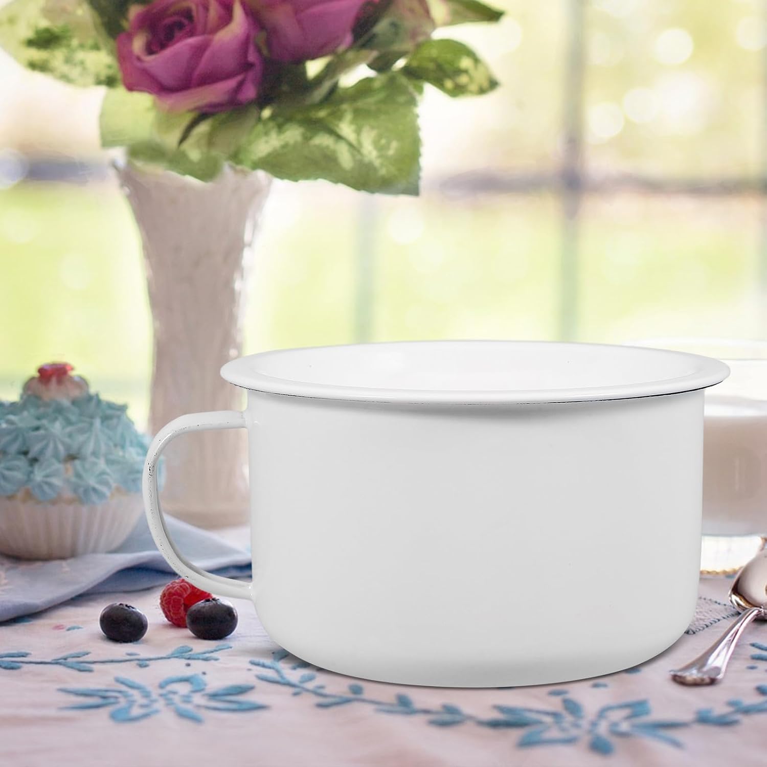 Toddmomy Enamel Soup Bowl with Handle and Lid 6.22In Retro Instant Noodle Ramen Bowl for Food Serving Rice Salad Kitchen Tableware