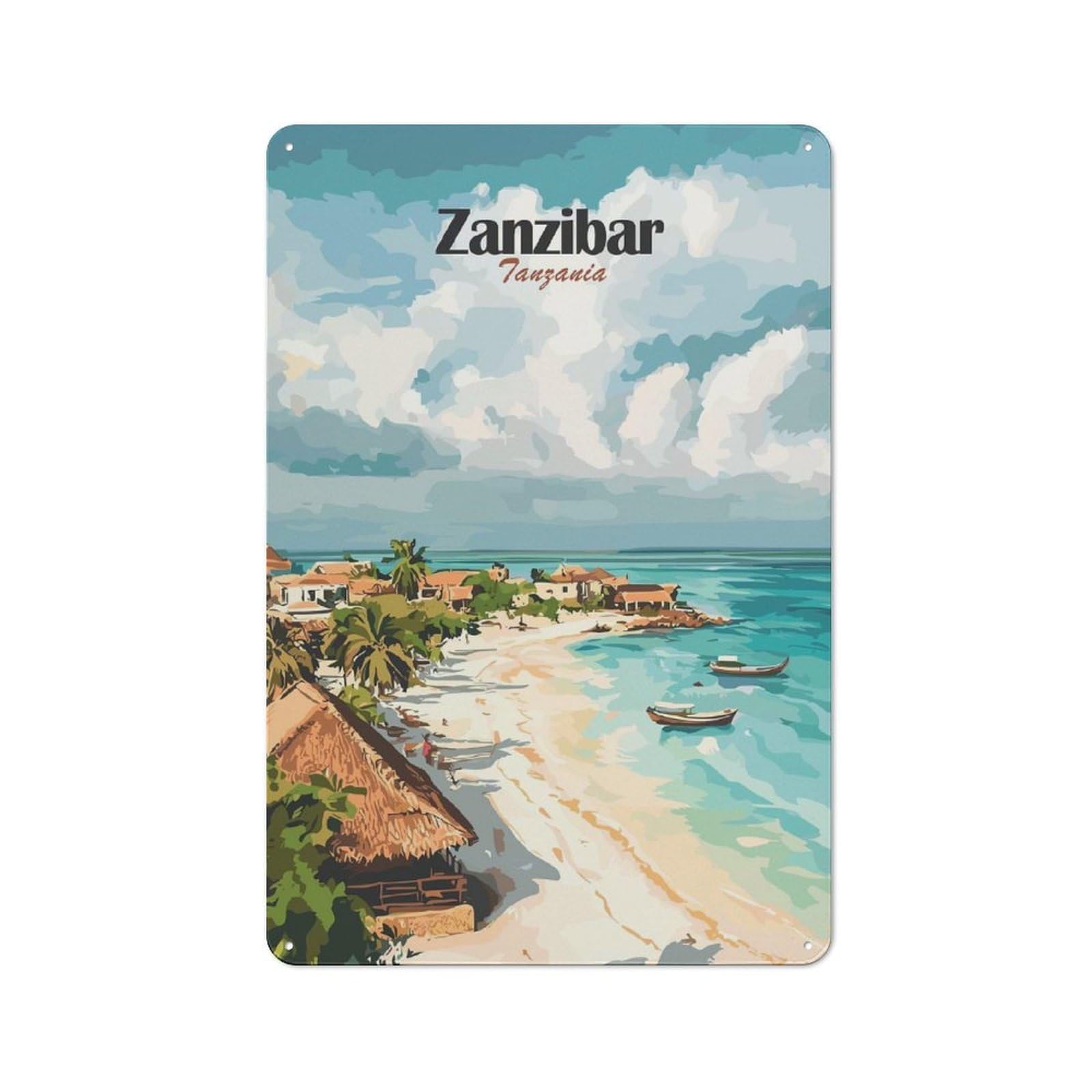Junmoney Style-4 Zanzibar Beach Scene Decorative Tin Sign 30X20cm, Distressed Look Vintage Wall Decor For Lounge, Study, Pub Or Wall Gallery