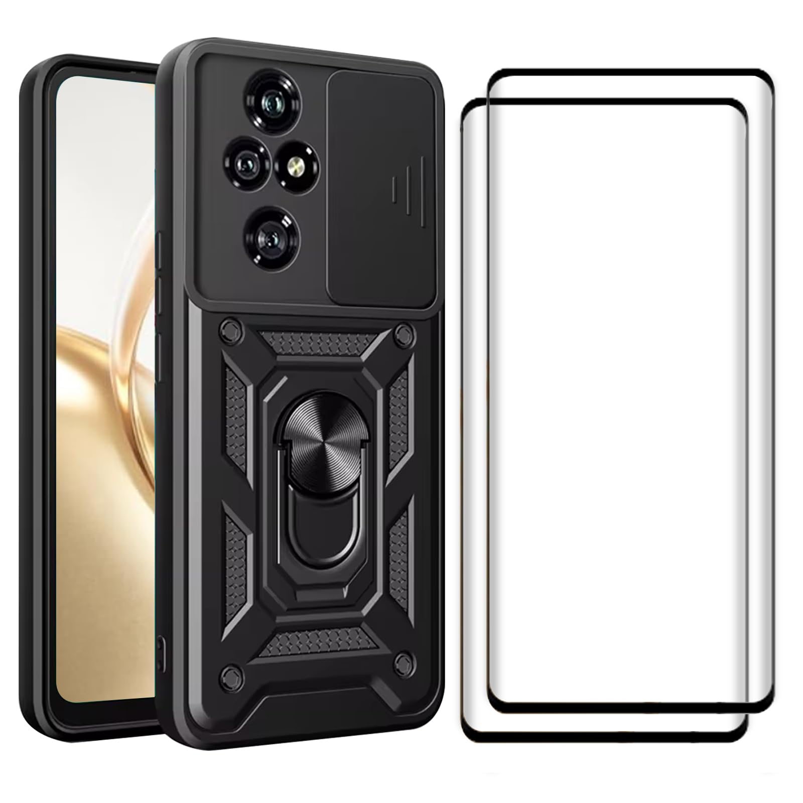 Lukione [1+2pcs] for Honor 200 5G Case Cover with Screen Protector, Tempered Glass, Built Slide Camera Protection Cover, Military Heavy Duty Protective Phone Case, Ring Kickstand, Drop Proof