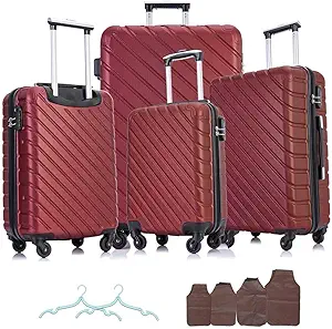 Apelila 4 Piece Hardside Luggage Sets,Lightweight ABS SuitcaseSet of 4, Check in & Carry On Luggage Set with Spinner Wheels Free Luggage Covers & Folding Hangers Included (Wine)