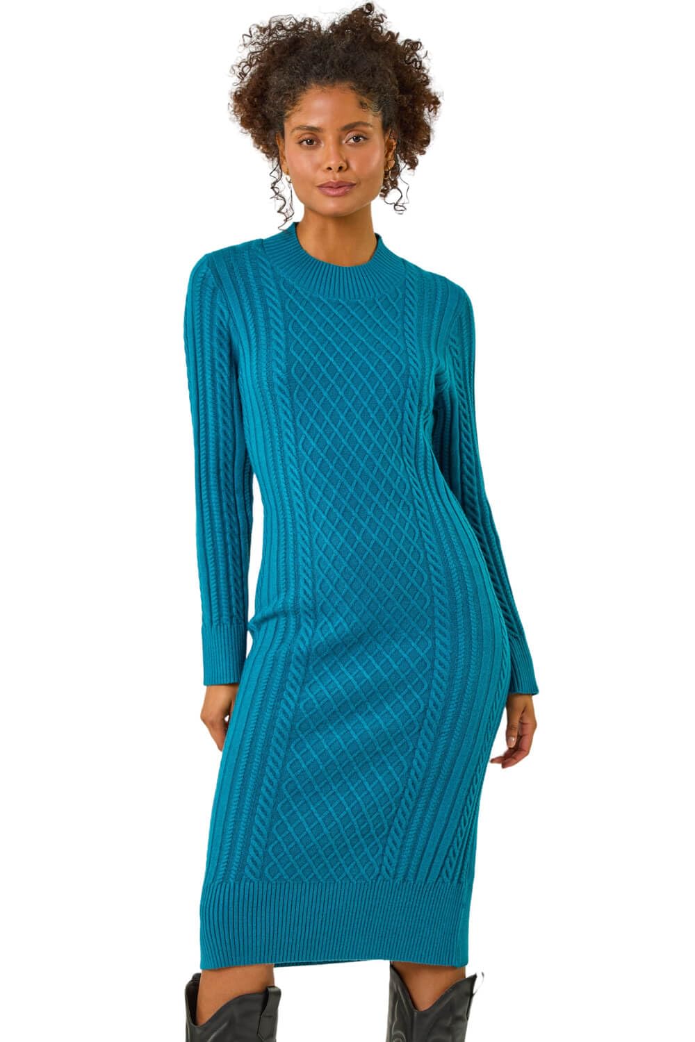 Roman Originals Women's Teal Roman Cable Knit Midi Jumper Dress For Uk - Autumn Everyday Winter Holiday High Neckline Comfy Long Sleeve Soft Frock Desk To Dinner Gowns - Size 10