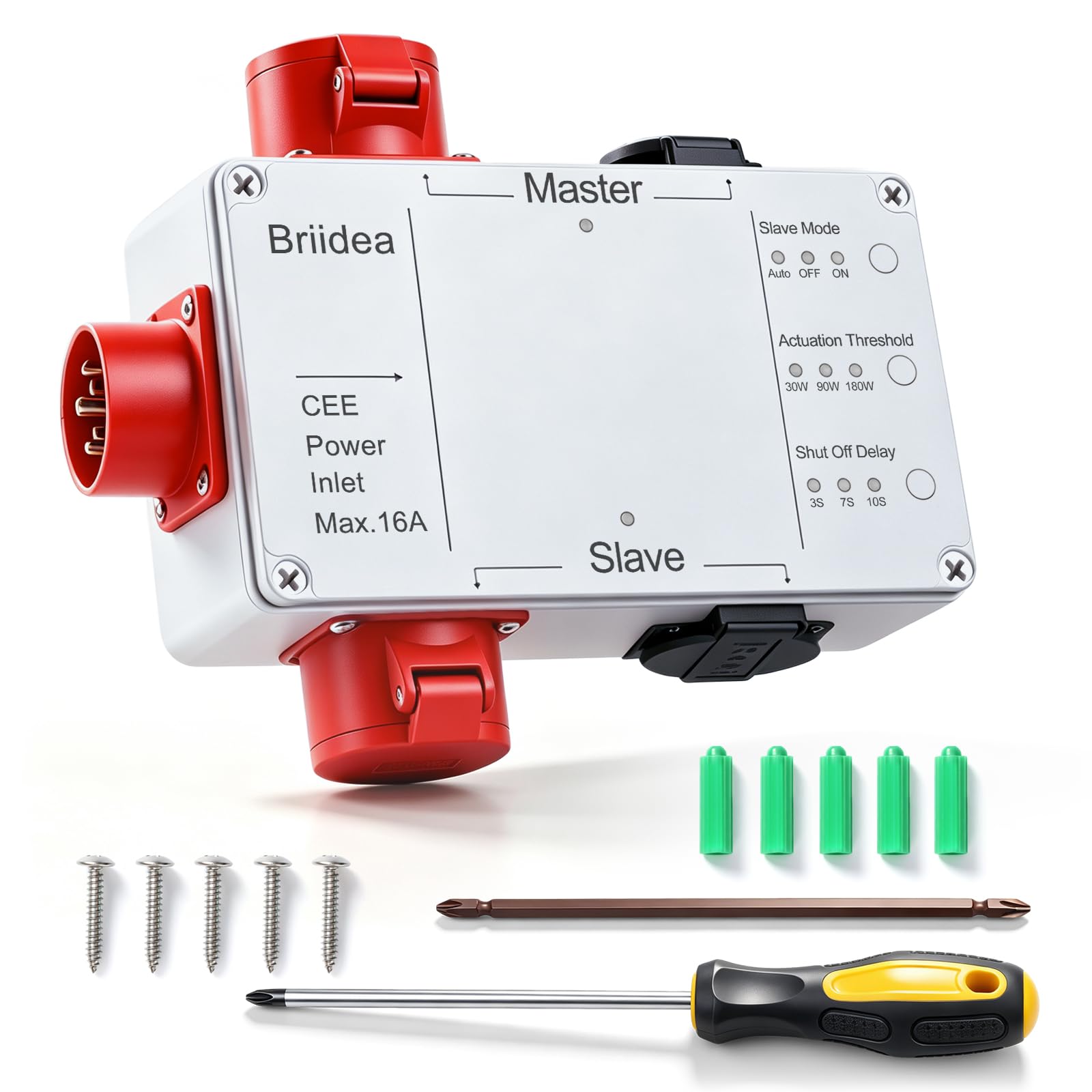 Einschaltautomatik 3Ph 400V & 230V, Mit 230V Schuko & CEE 16A 400V Anschluss, Auto/OFF/ON Modus, Einstellbare Verzögerung, Für Absaugung, CNC, Säge, Fräse & Holzwerkstatt, Automatische Gerätekopplung