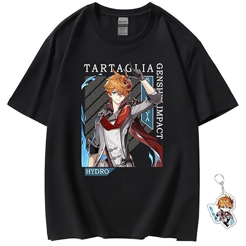 Genshin Impact Shirt for Men Women Unisex Casual Anime Kawaii Costume Black Genshin T-Shirt, Free Keychain - Tartaglia-2 - XX-Large