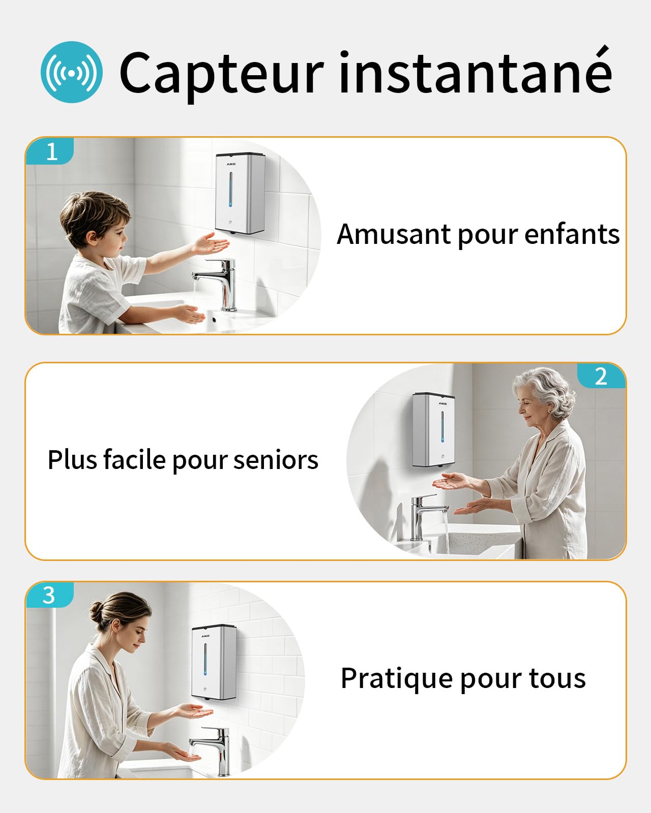 AIKE Distributeur De Savon Moussant Automatique, Murale pour Usage Commercial, 1000ML Acier Inoxydable pour Savon À Mains Moussant, AK1207FA