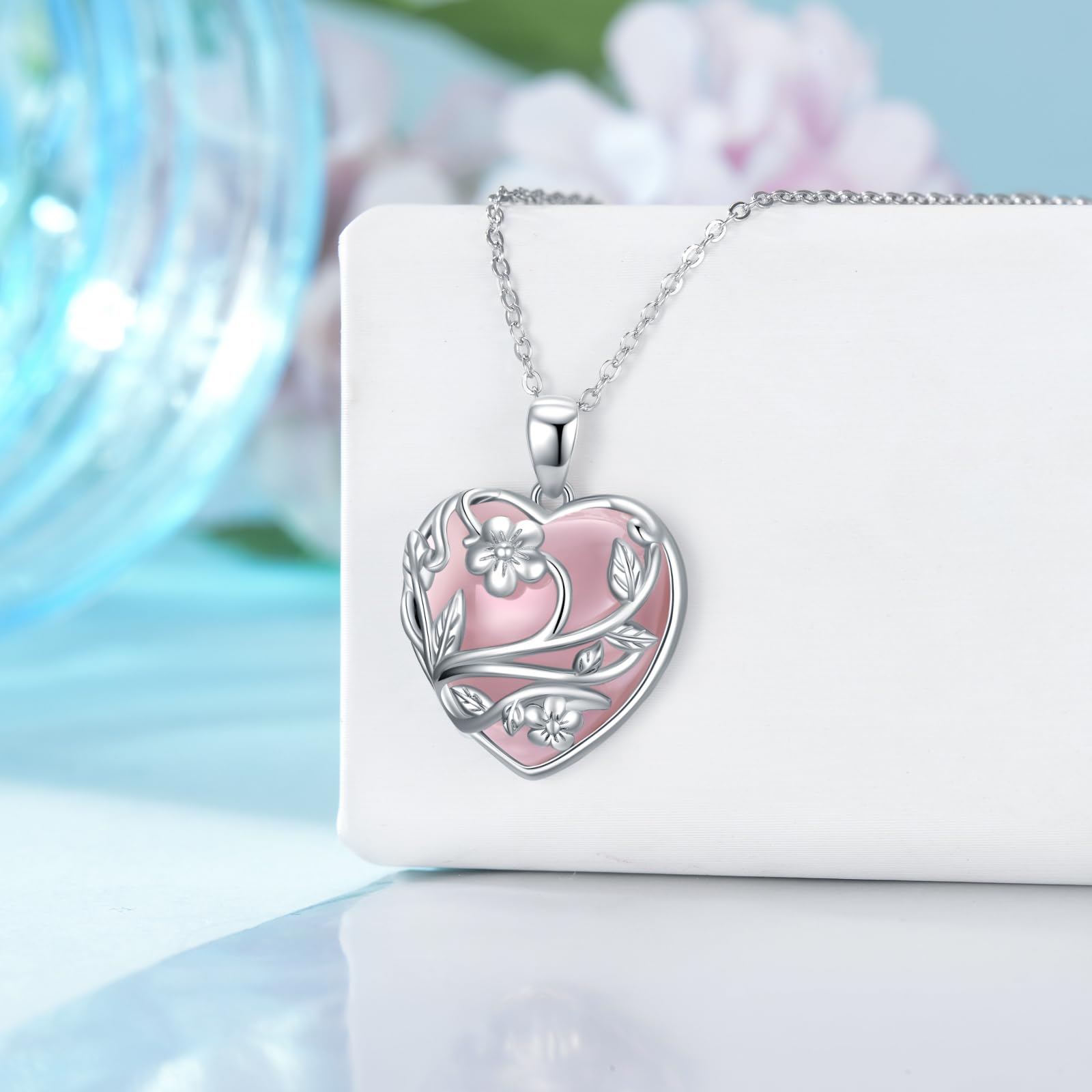YFN Kristall Kette Sterling Silber Herz Halskette Blume Kristall Stein Anhänger Rosenquarz Schmuck Geschenke für Frauen Geburtstag Geschenke für Mama