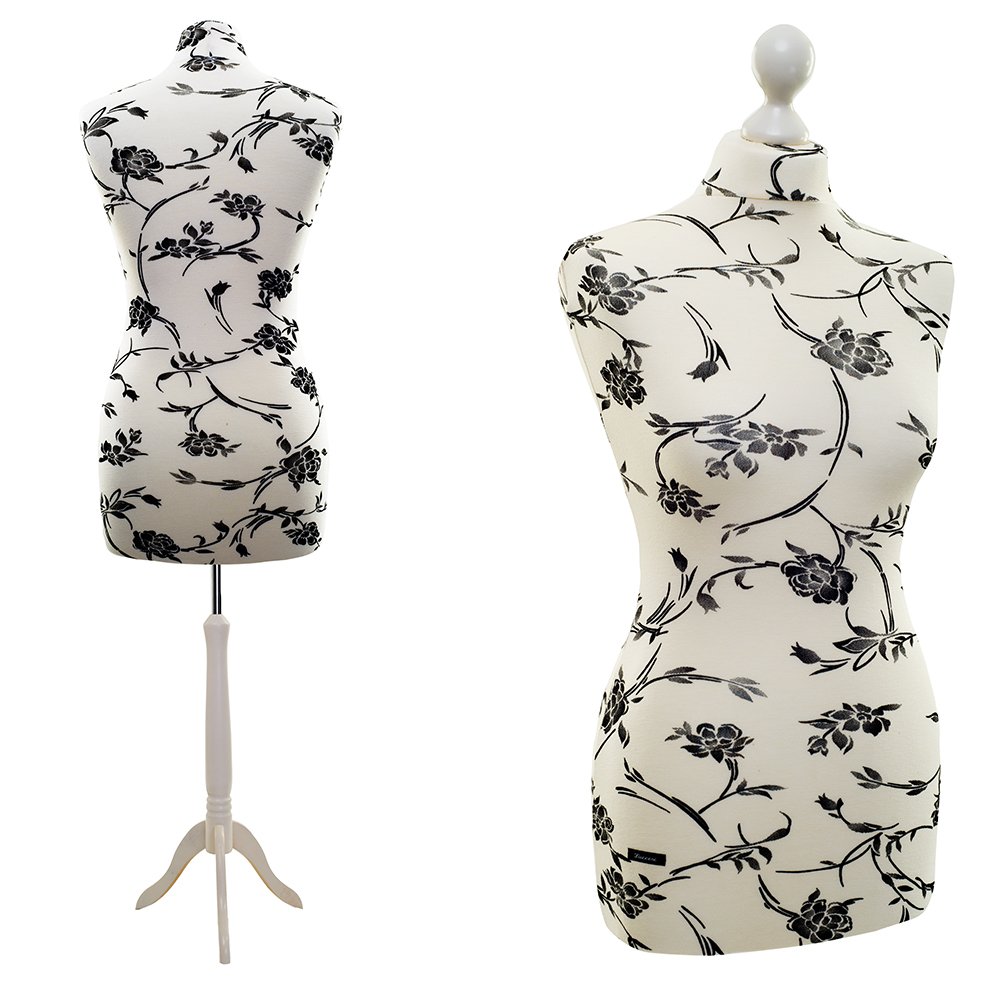 Schneiderpuppe LUCCESI / Größe S - XL (Female) / Torso Size L/XL (42-44) / Bezug Creme-Weiss/florales Muster (schwarz) / Standfuss Weiss / Damen - Schaufensterpuppe