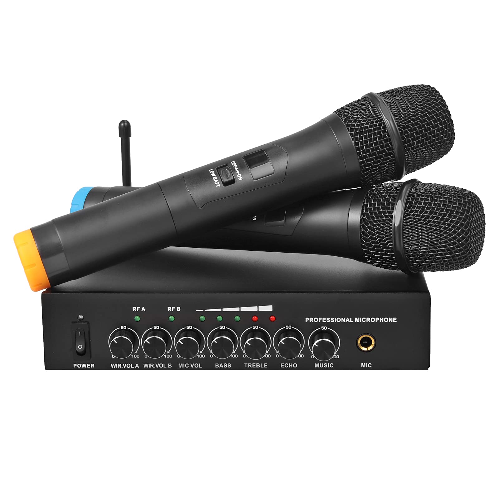 Sistema de Micrófono Inalámbrico Portátil Profesional Bluetooth 4.2 Micrófono Karaoke Dual con Eco Agudos Graves con Receptor Cable de Audio de 6.35 mm/RCA para Reunión Boda Fiesta DJ Iglesia Regalo