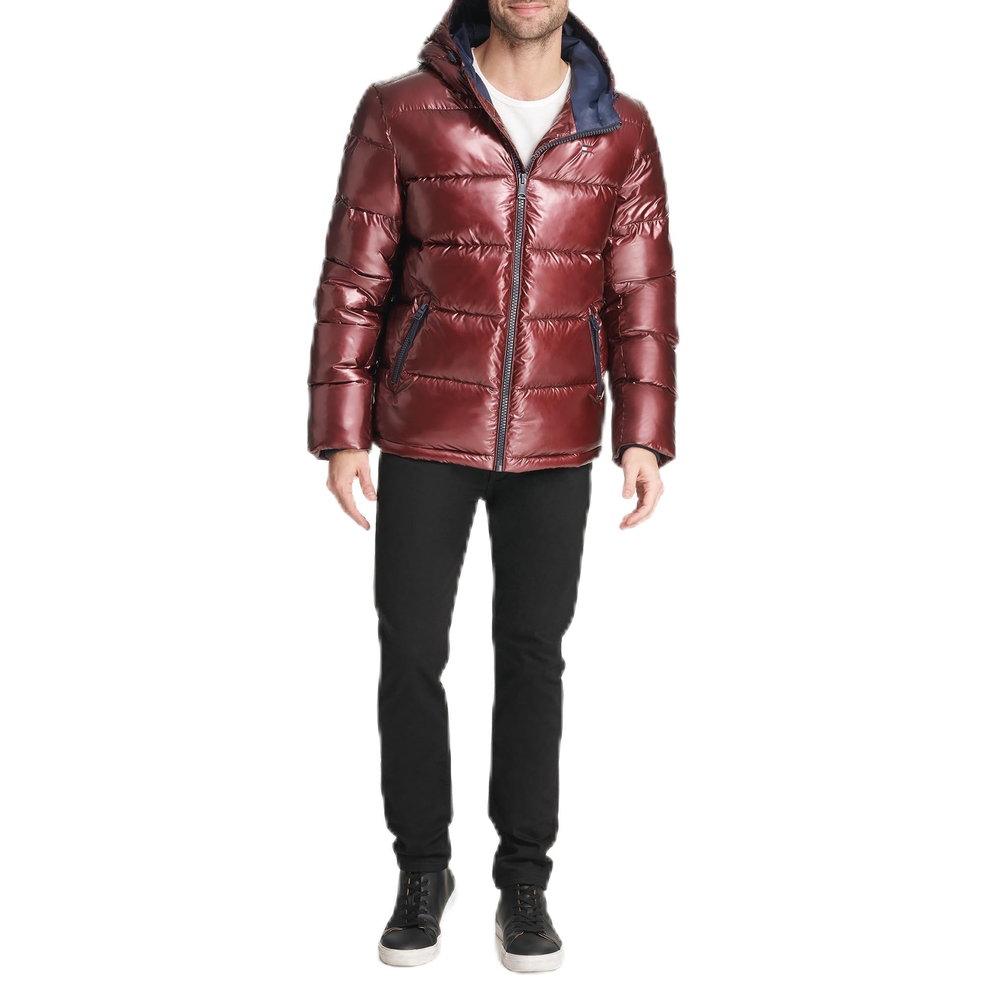 Tommy Hilfiger Men's Pearlized Purple Hooded Puffer Jacket, M