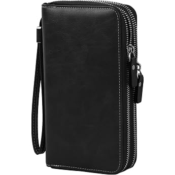 Leather Wallet Large Vintage - Wallet with 14 Card Slots RFID Protection 2 Zip and Hand Strap Unisex Black
