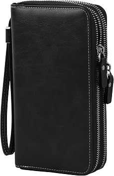 Large Leather Wallet, Long PU Leather Wallet with 14 Slots RFID Blocking Long Wallet Women Leather Wallet with 2 Zippers and Wrist Strap Unisex Black