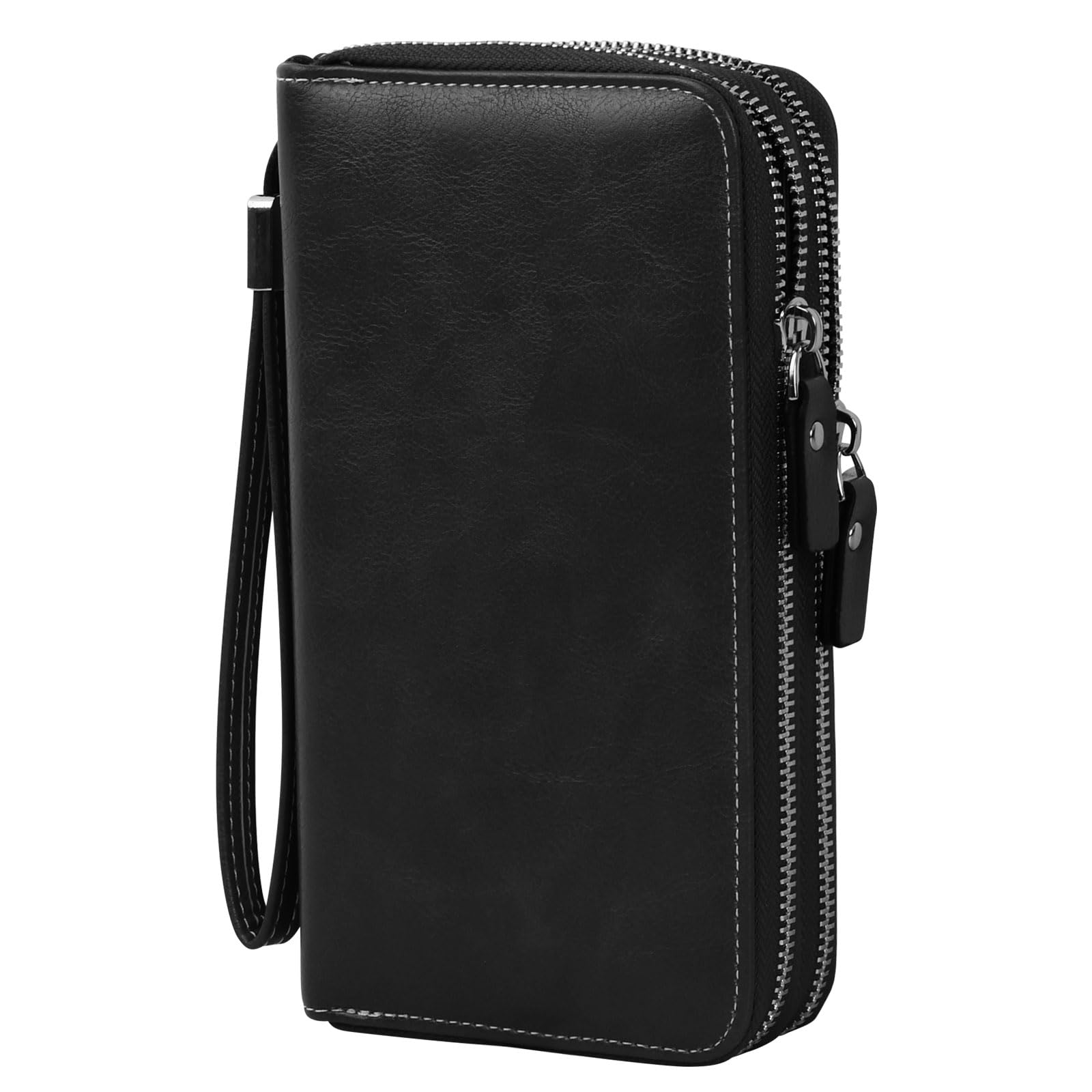 Long Leather Wallets Unisex, PU Leather Purses with 2 Zippers Removable Wrist Strap, Soft Wallet with Compartments Card Slots RFID Blocking Cash Holder Cards Organizer (Black)