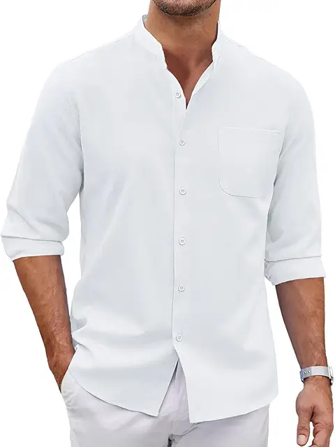 Camisa Lino Hombre Cuello Mao - Manga Larga Informal con Botones