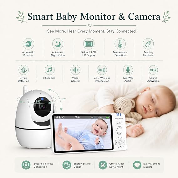 Gift Set - 10 Piece | New Born Essentials Kit | Baby Monitor with Camera,Diaper Changing Pad,Thermometer, Nail Clipper, Daiper Bag, Mirror for Car, Silicon Feeding Set, Pacifier, Hand & Footprint Kit