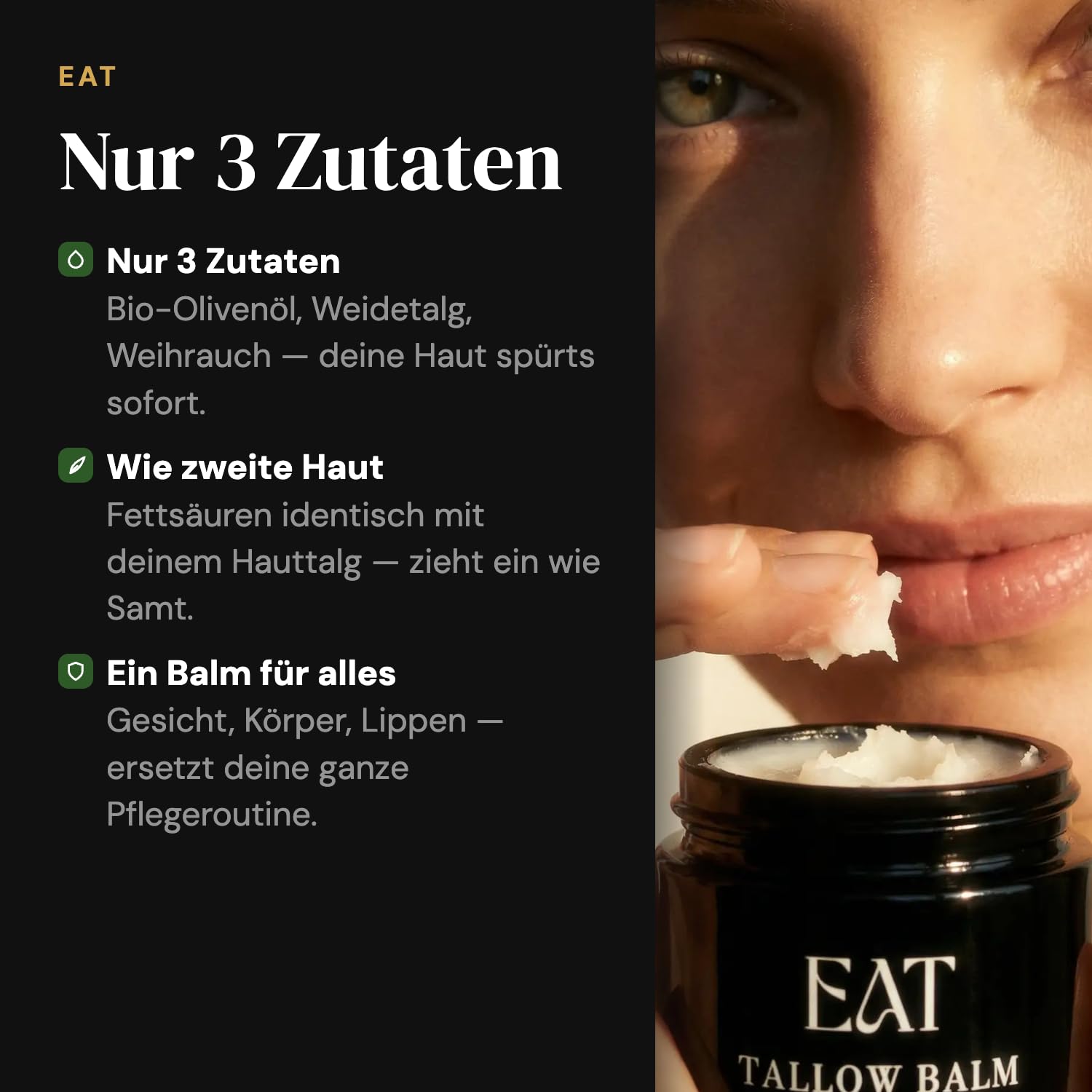 EAT Tallow Balm Bio – 100% natürliche Hautpflege mit Rindertalg von Deutschen Weiderindern – Bio-Olivenöl & Weihrauch – Für Gesicht, Körper & Lippen – Ohne künstliche Zusätze für pure Pflege (100 ml)