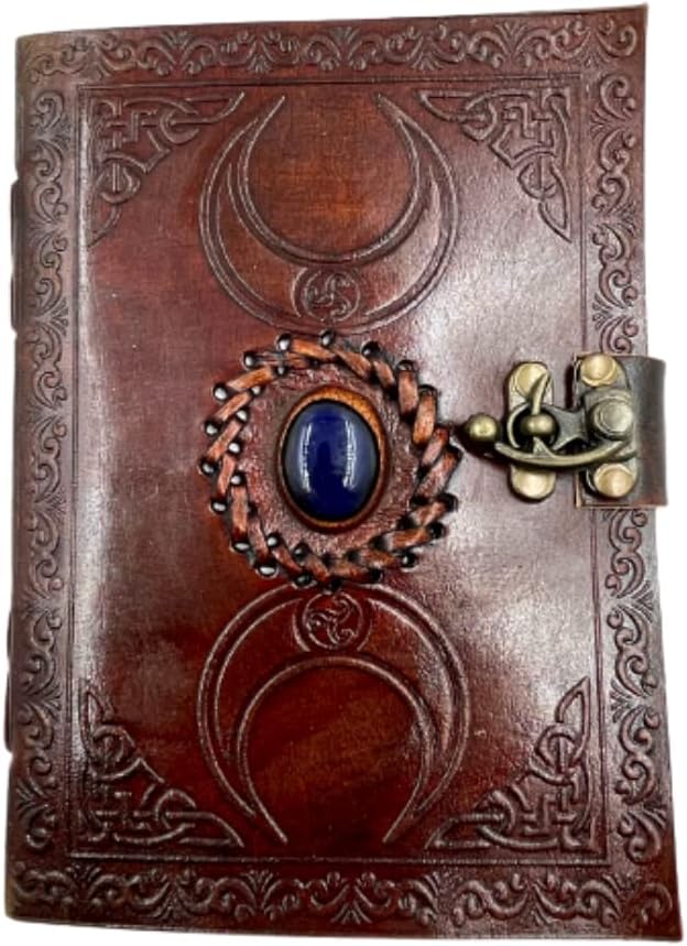 OVERDOSE Moon Design Stone Leather Journal With Brass C-Lock - Handmade Unlined Paper Leather Bound Journal | Sketchbook & Notebook - Drawing Journal - 5 x 7 inches | 12 x 17 cm | A6