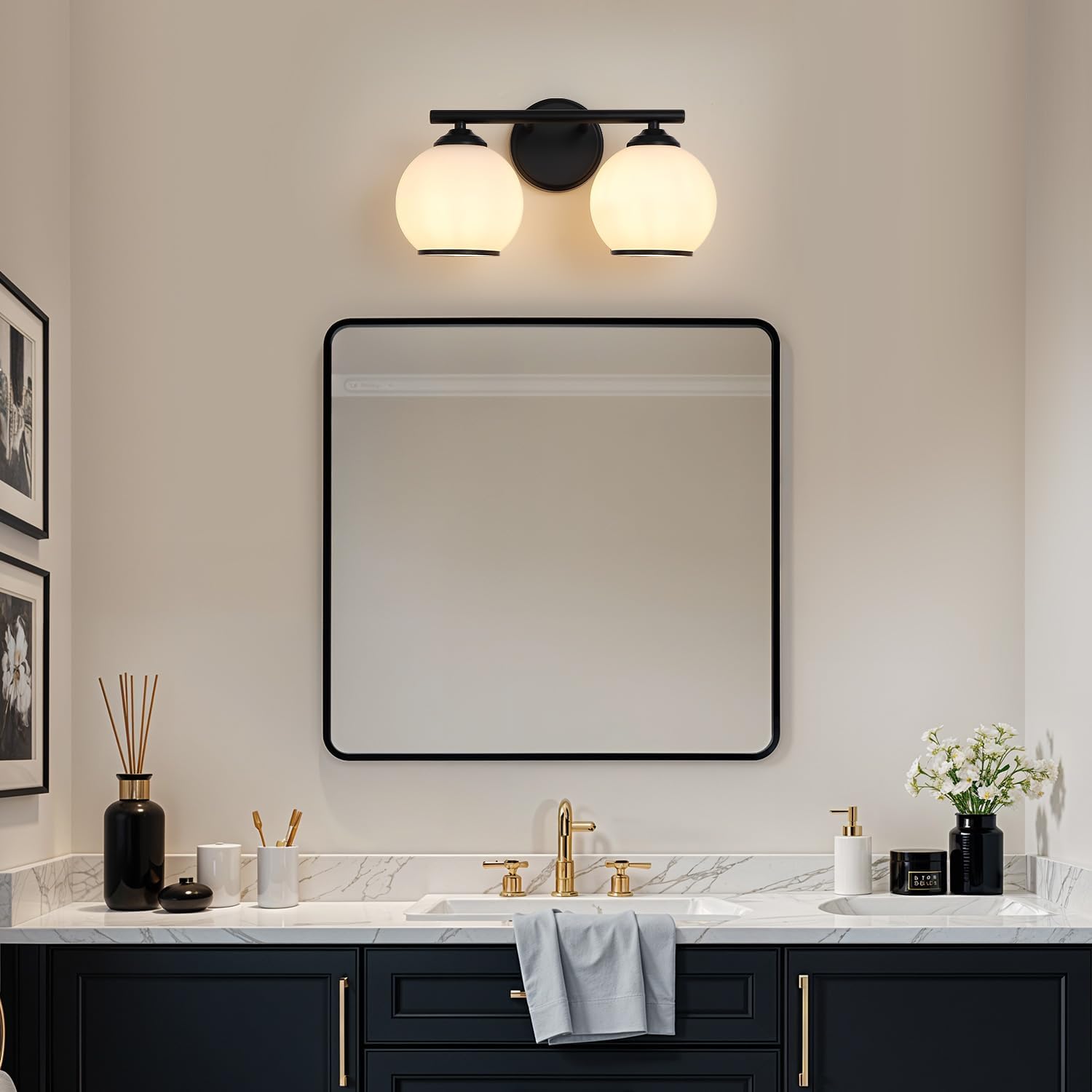 Milk Glass Bathroom Vanity Light Over Mirror, 2 Light Matte Black Bathroom Light Fixtures with Frosted Globe Glass Shade, Modern Vanity Lighting Wall Mounted