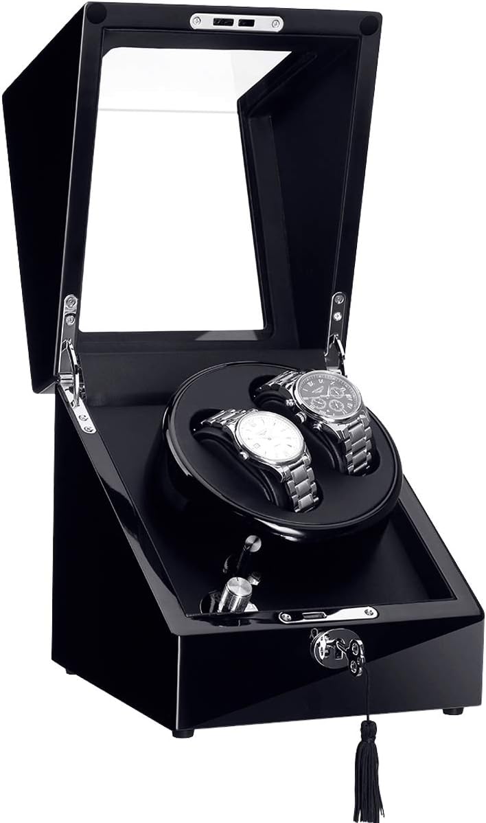 CRITIRON Luxury Automatic Watch Winder with 2 Leather Storage (Wood Shell + Leather Pillow + Piano Paint + Tempered Glass)