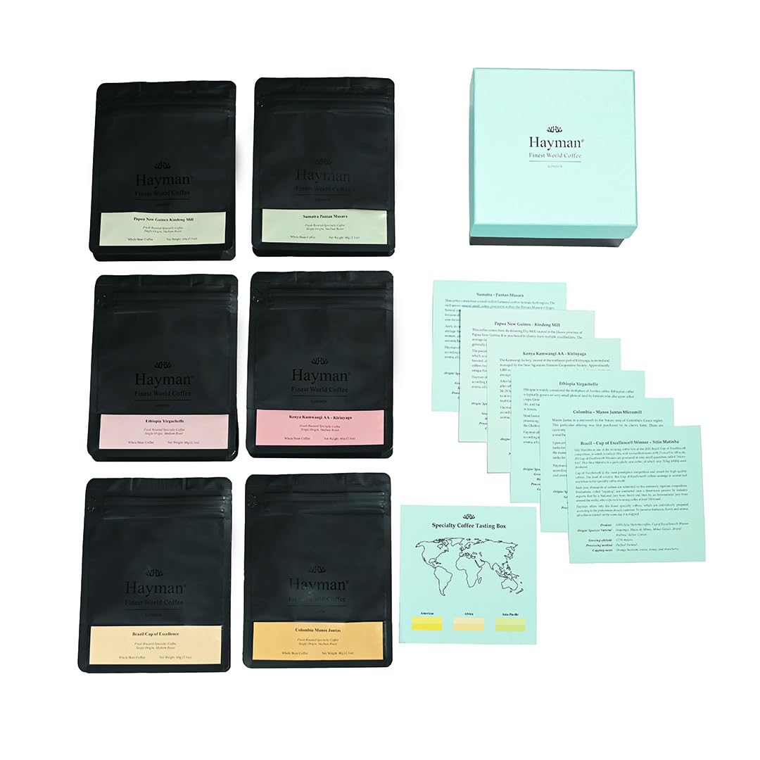Hayman, Caja de Degustación de Cafés Especiales, Paquete de 6 Selecciones de Cafés Gourmet, Muestra de Variedad Premium, Surtido Regalo, En Grano, Tostado Medio, 6 bolsas con 60 Gramos (360g Total)
