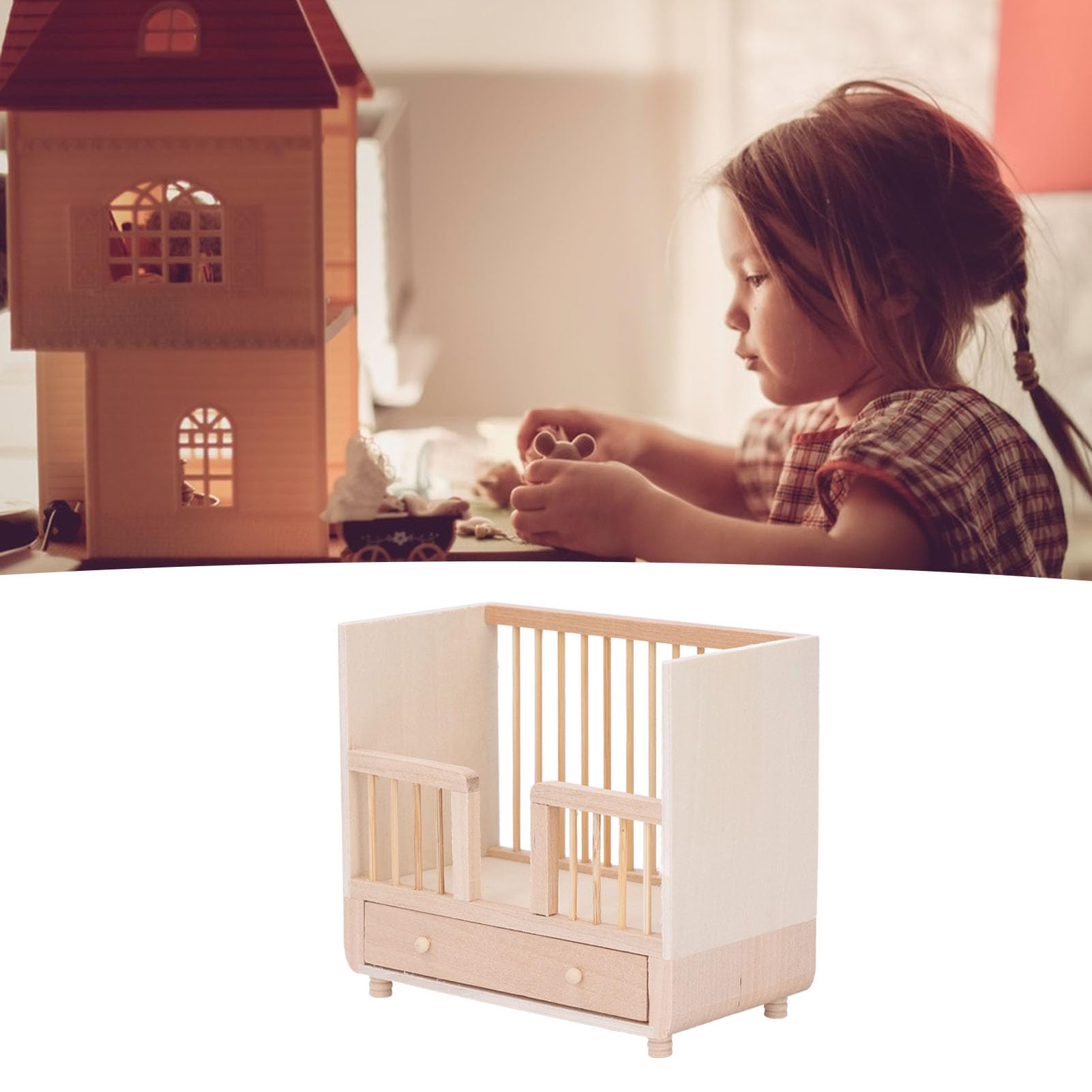 Doll Sleeping Crib, Miniature Wooden Baby Doll Bed with Cute Design, Ideal for Bedroom Decor, Children Play