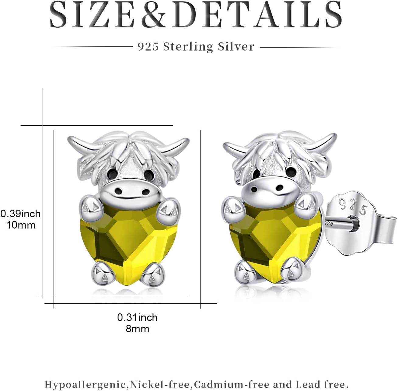 JUSTKIDSTOY Highland Cow Earrings 925 Sterling Silver Birthstone Earrings Cute Animal Cow Stud Earrings Jewelry Birthday Gifts for Women Girls Daughter Girlfriend