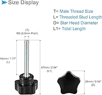 Vista 2 de Perillas de sujeción de estrella, rosca macho M5 x 1.772 in, cabeza de 0.945 in, mango de tornillo de pulgar de plástico, perno roscado negro