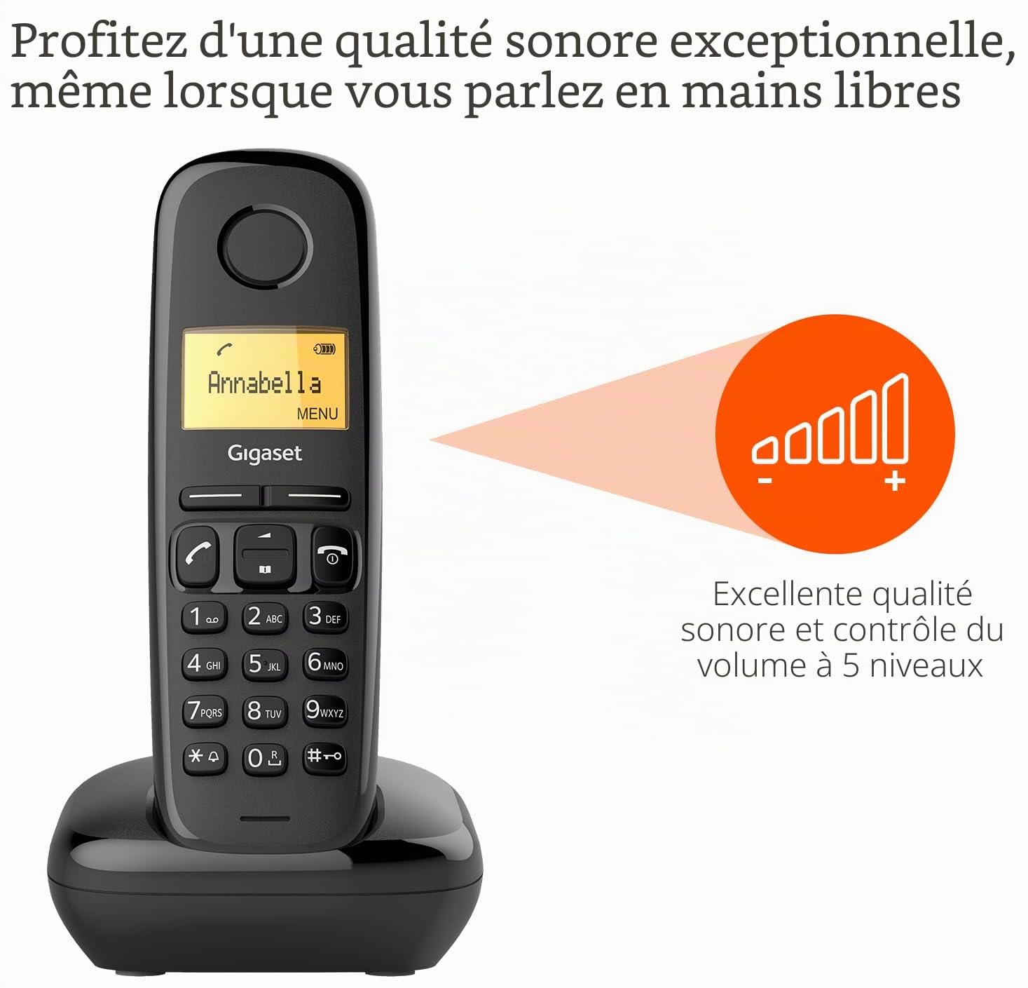 Gigaset A170 SINGLE - Téléphone fixe sans fil de base avec grand écran et technologie ECO DECT à économie d'énergie - Noir
