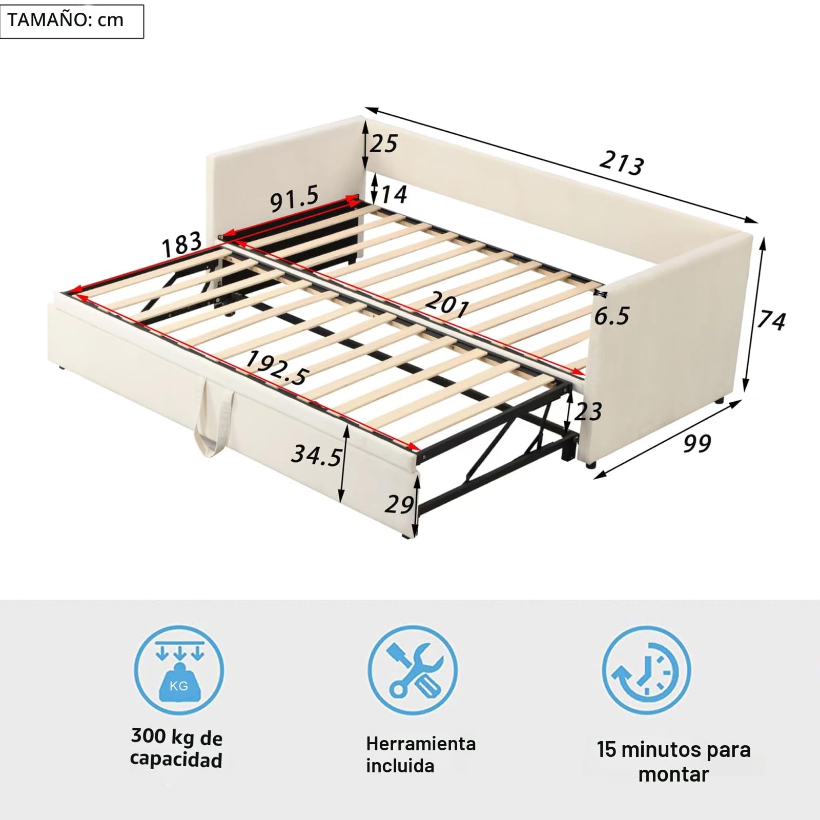 Sofá cama 90/180 x 200 cm, cama nido a la misma altura, cama con cama nido, sofá cama doble con somier, terciopelo (Beige, 90/180 x 200 cm)