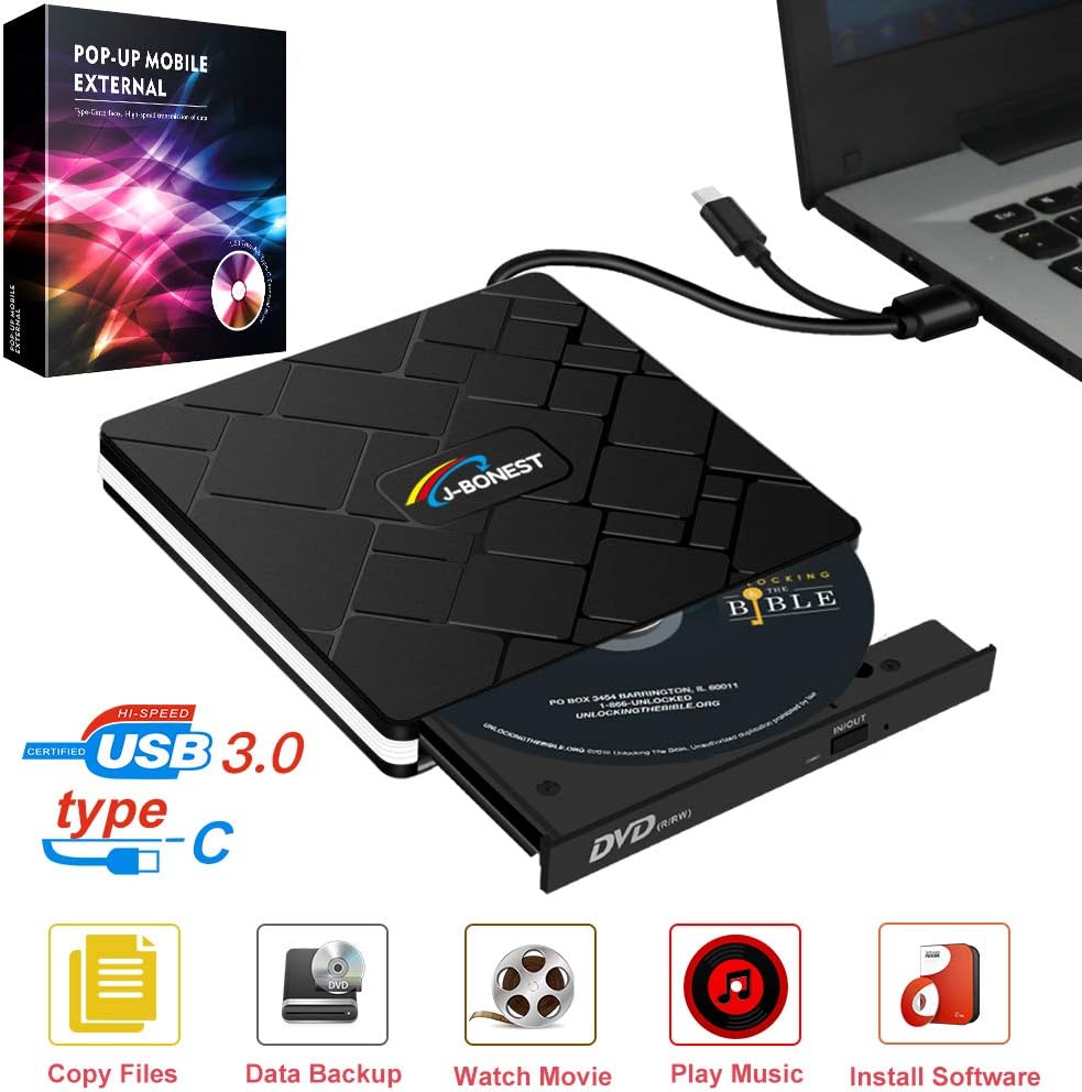 DB-01 External Drive, Portable USB 3.0 and Type C CD DVD-RW Reader Player Burner for Windows, Win10/XP/Win 7/Win 8 Laptop, Mac, MacBook Air/Pro, 230 V, White, Large
