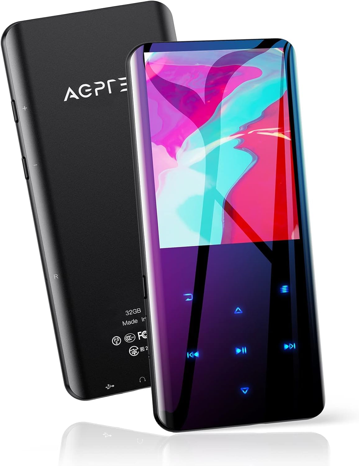 AGPTEK 32Go Haut-Parleur MP3 Bluetooth 5.3, 2.4 Pouces Grand Écran Lecteur Musical Sport HiFi Audio en Métal avec Bouton Tactiles de Volume/Podomètre/Radio FM, Carte TF Jusqu’à 128G-Noir