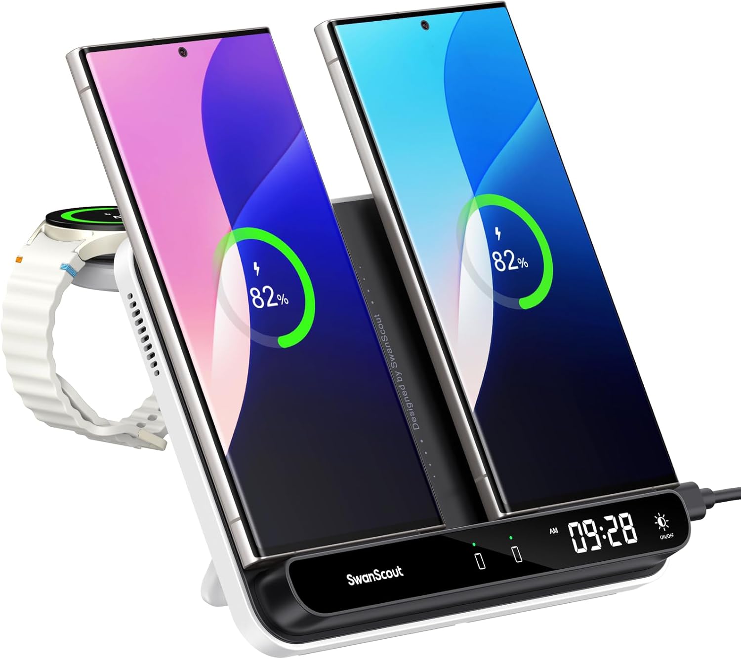 SwanScout Wireless Charger for Samsung, Dual Charging Station for Samsung S25/S24/S23/S22/S21/Z Flip/Z Fold, for Galaxy Watch 7/Ultra/6/5/4/3, SwanScout 710S