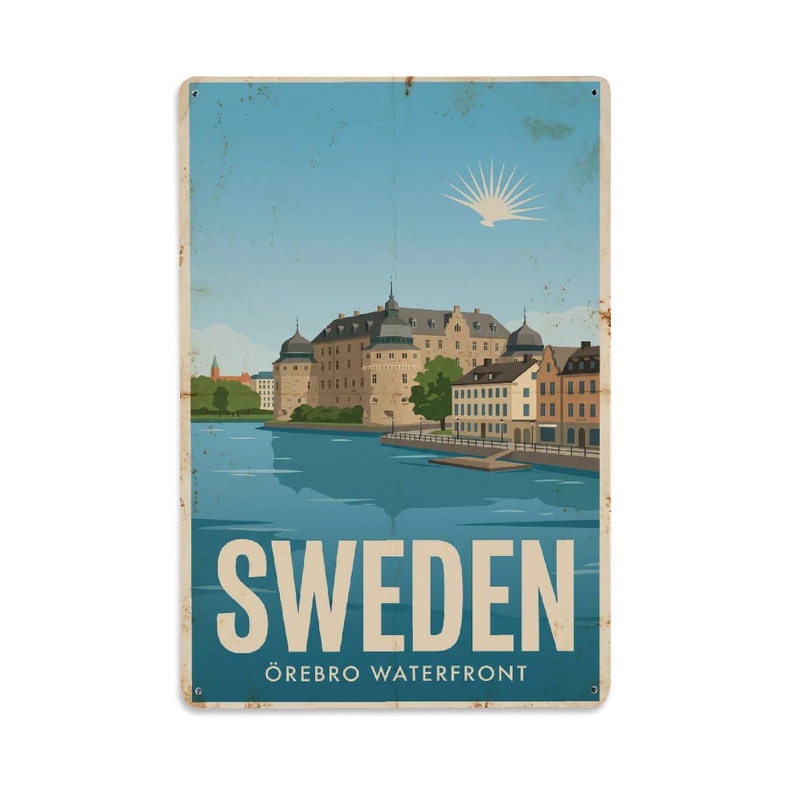 Vintage Travel Orebro Sweden Waterfront Metal Tin Sign