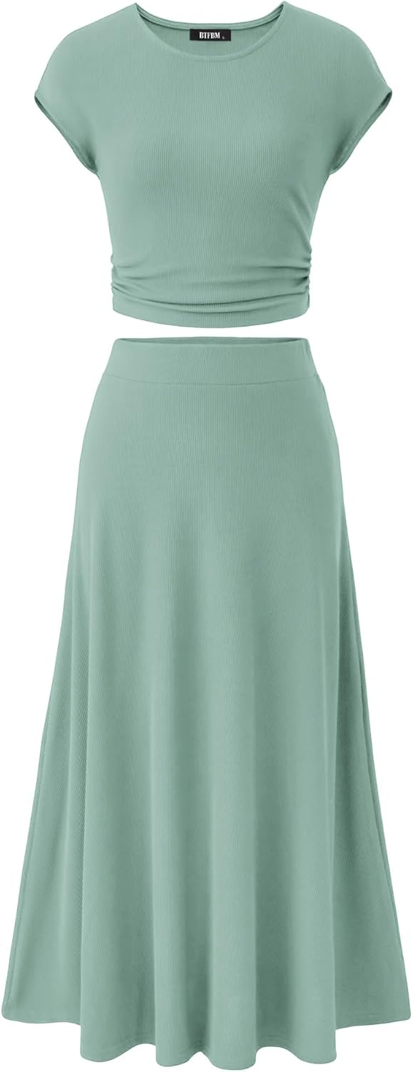BTFBM Women Two Piece Skirt Set Summer 2025 Casual Vacation Crew Neck Short Sleeve Cropped Top Elastic Waist Midi Skirts