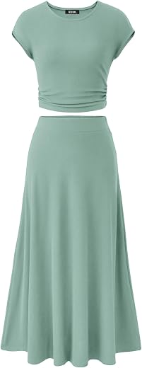 BTFBM Summer Outfits For Women 2026 Two Piece Sets Casual Crew Neck Short Sleeve Cropped Spring Tops Midi Skirt Lounge Set