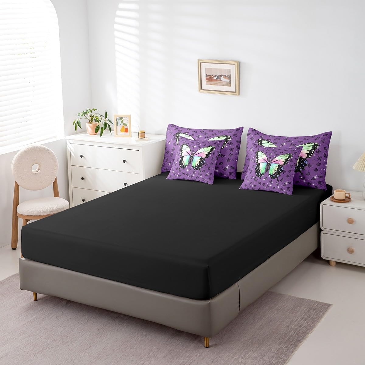 Erosebridal Butterfly 7 Piece Comforter Set Twin Bed in a Bag,Purple Butterflies Bedding Set for Teen Girls Women Kids,Glitter Stars Sheets,Girly Ombre Rainbow Moth Bed Set,Wildlife Lavender Quilt