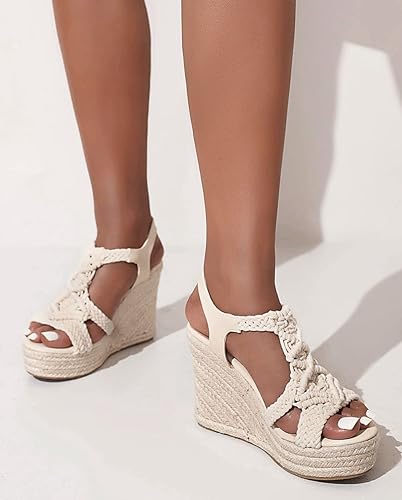 Miniatura 5 de Sandalias de cuña trenzadas de punta abierta para mujer, sandalias de cuña de rafia trenzadas con paja, correa de hebilla con espalda abierta